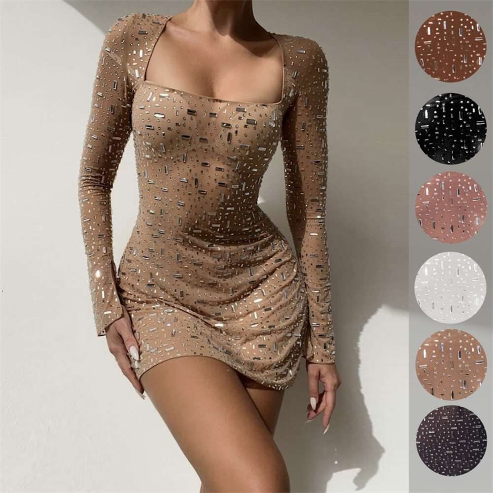 Women's Sequin Dress Hot Diamond Sexy Half Perspective Hollow Out Long Sleeve Short Mini Club Night Dresses For Woman Clothing