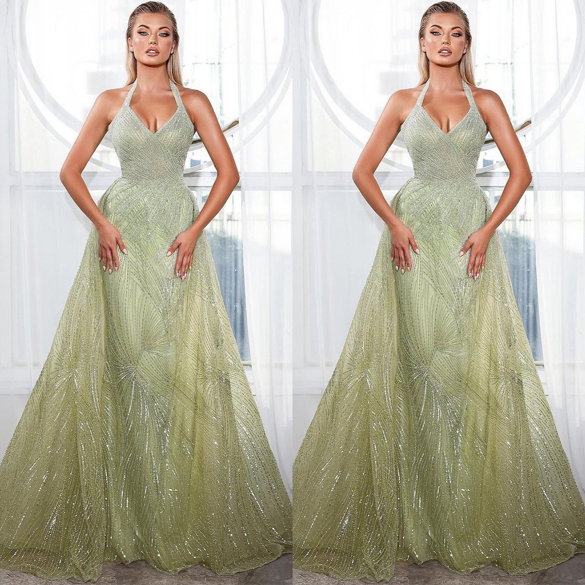 Halter Sequin Prom Sleeveless Long Formal Evening Party Dress