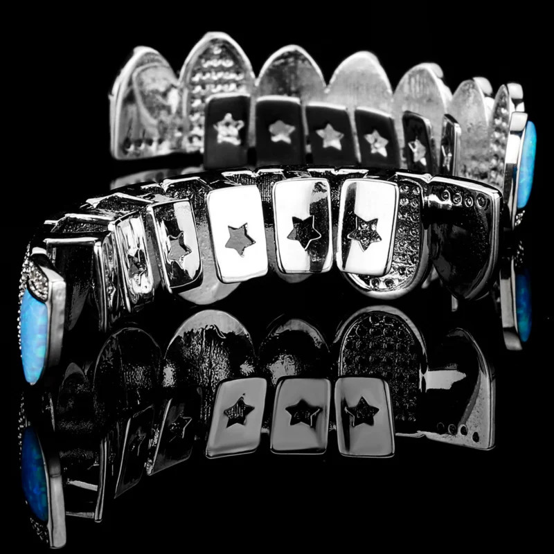 Sky Blue Opal Crystal Teeth For Men Women's Body Jewelry Set Zircon Accessories Hip Hop Dental Grills Piercing Halloween 240109