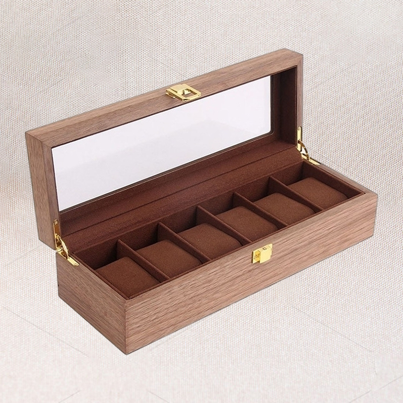 Wooden Watch Box Case Organizer Display for Men Women 6 Slots Wood with Clear Glass Top Vintage Style 220429