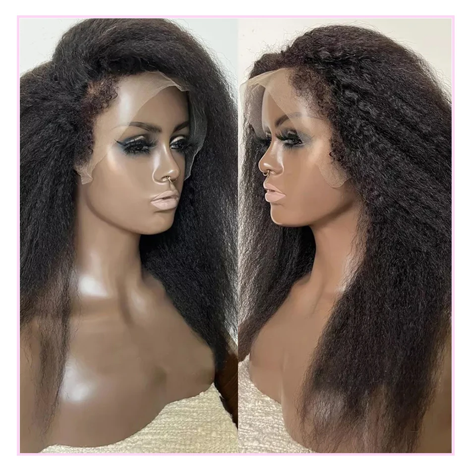 Kinky Straight Human Hair Wigs 4C Kinky Curly Edges 360 HD Lace Frontal Wig Glueless 30 Inch Yaki Straight Lace Front Wig