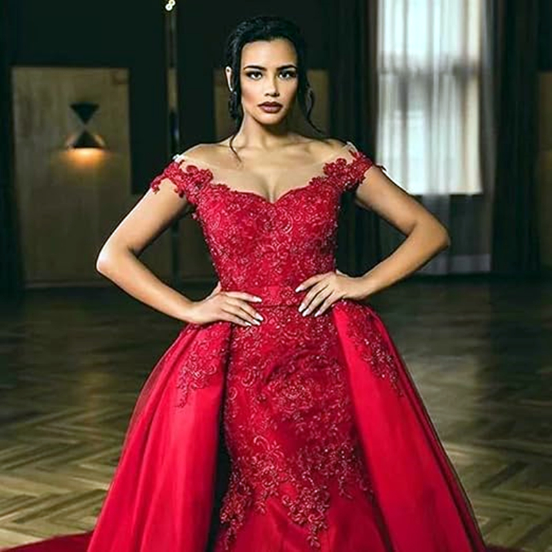 Charming Bury Mermaid Evening Dresses with Detachable Train Lace Appliques Sleeveless Long Formal Ocn Gown Back Lace-up Corset Elegant Slim Prom Dress