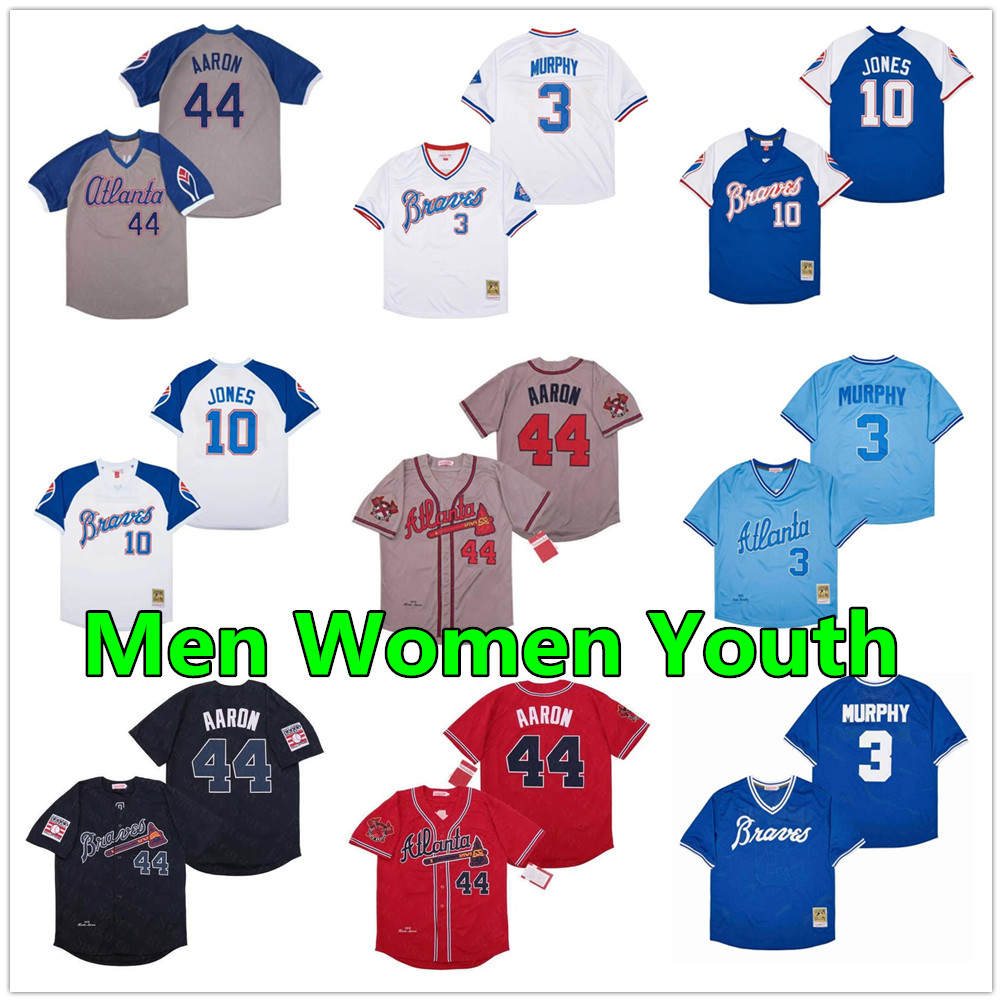 Vintage Men Women Youth Baseball Jersey 44 Hank Aaron H.Aaron 3 Dale Murphy 10 Chipper Jones 1957 1963 1973 1974 1982's Jerseys