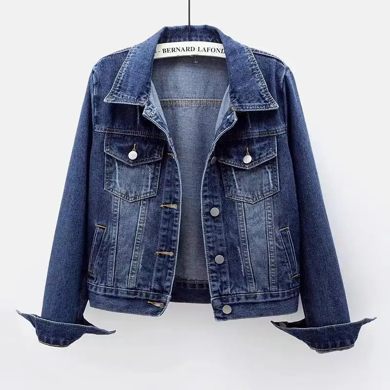 Spring Summer Full Sleeves Solid Women Collared Distressed Coat Ladies Washed Cropped Denim Jacket Girl Ripped Jean Cardigan Top 240109