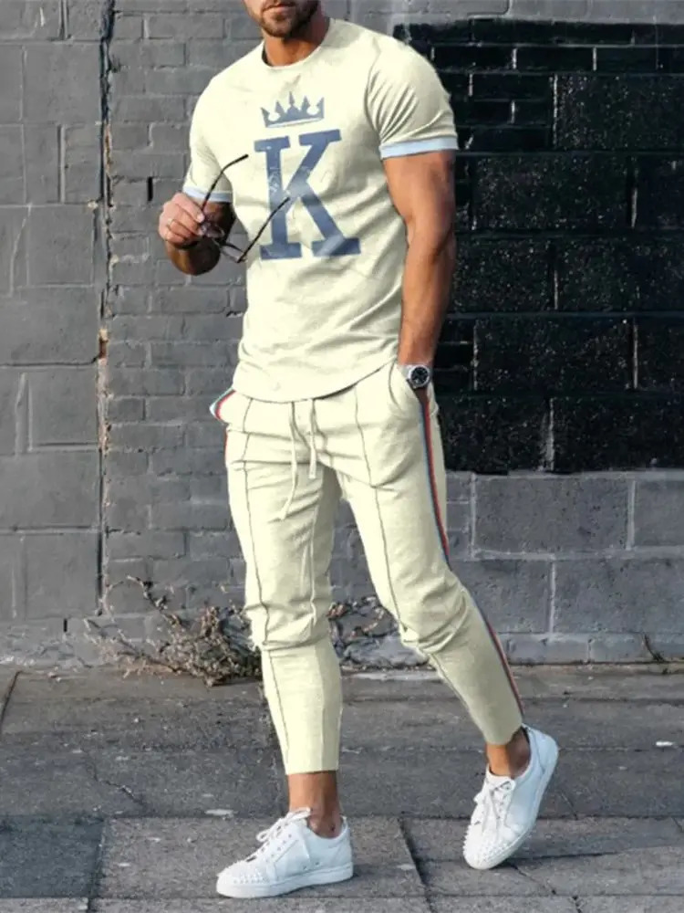 Men's Trousers Tracksuit 2 Piece Set Fashion Sportswear Summer Streetwear Short Sleeve T ShirtLong Pants Male Clothing 240110