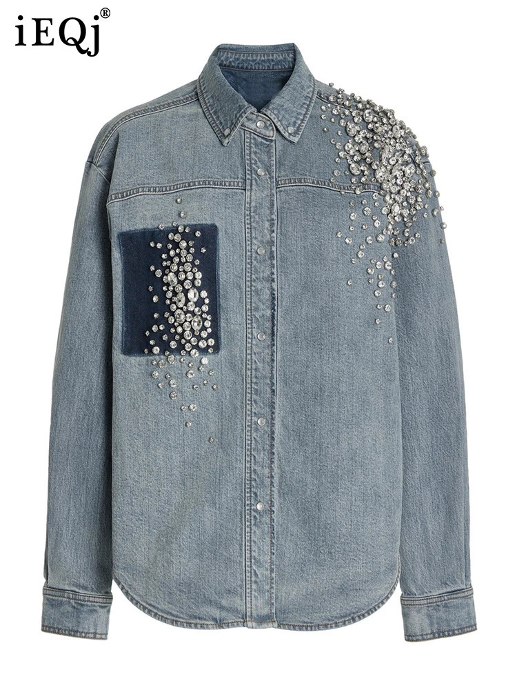 IEQJ Diamonds Patchwork Denim Jackets For Women Lapel Long Sleeve Spliced Single Breasted Vintage Coat 2023 Autumn 3WQ7478 240109