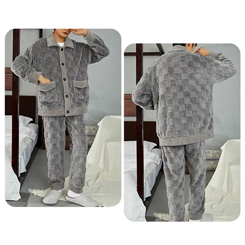 2 Piece Set Flannel Sleepwear Loose Long Sleeve Solid Homewear Home Clothes Sets 2023 Men'S Warm Pajama Autumn Winter Thic 240109Z