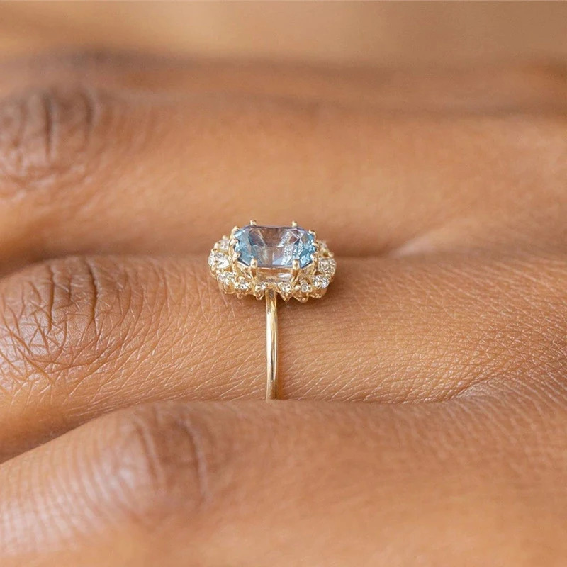 LAMOON Vintage Natural Topaz Rings Gemstone Ring Blue Topaz 925 Sterling Silver K Gold Plated Wedding Engagement For Women RI190 240109
