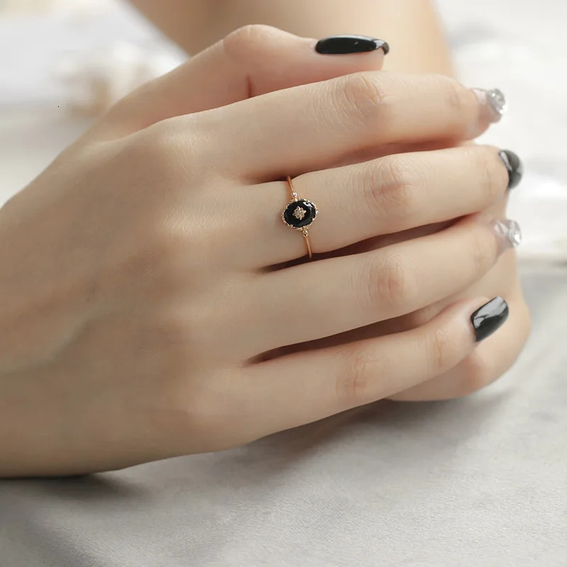 LAMOON Natural Black Agate Ring For Women Gemstone Ring 925 Sterling Silver Gold Vermeil Fine Jewelry Vintage Elegant Bijou 240109