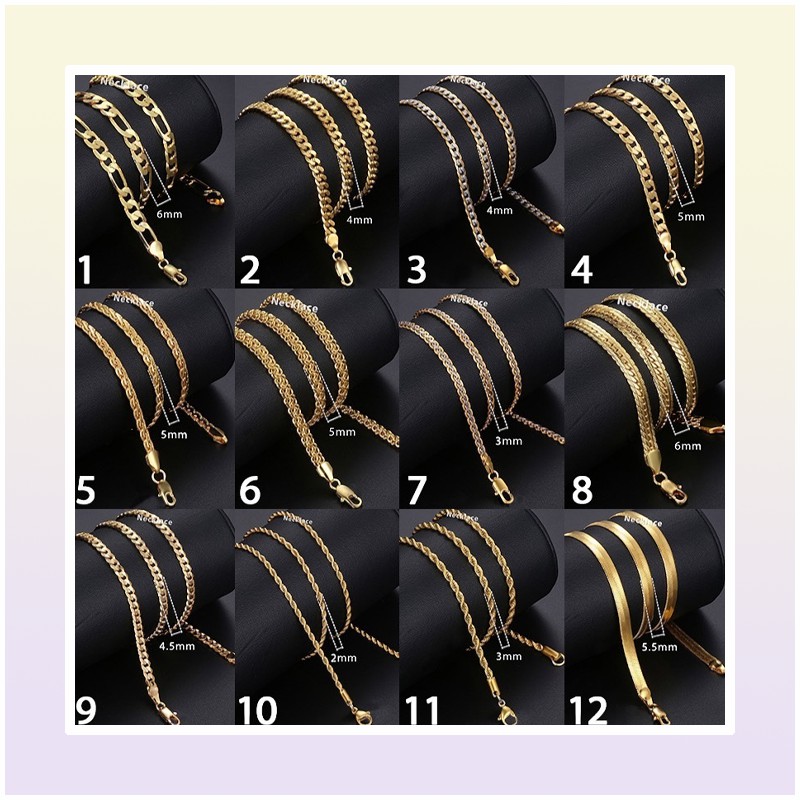 Gold Chain For Men Women Wheat Figaro Rope Cuban Link Chain Gold Filled Stainless Steel Necklaces Male Jewelry Gift Whole