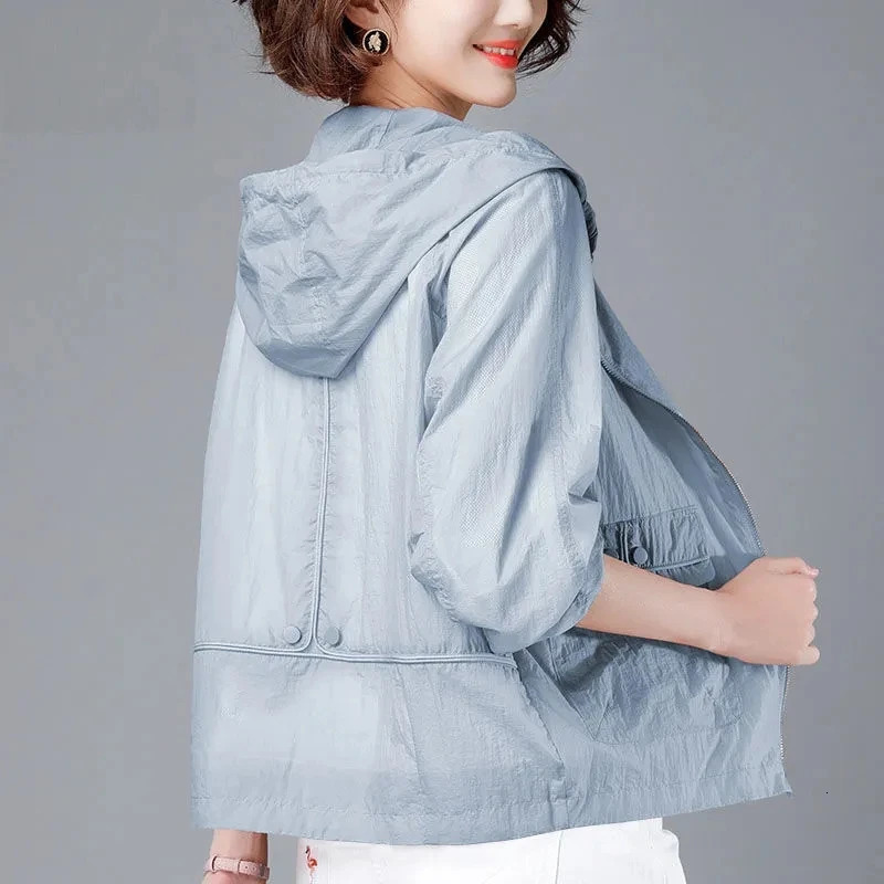 Summer Jacket Women Hooded Sun Protection Clothing Fashion Casual Zipper Thin Windbreaker Coat With Lined Tops 240110