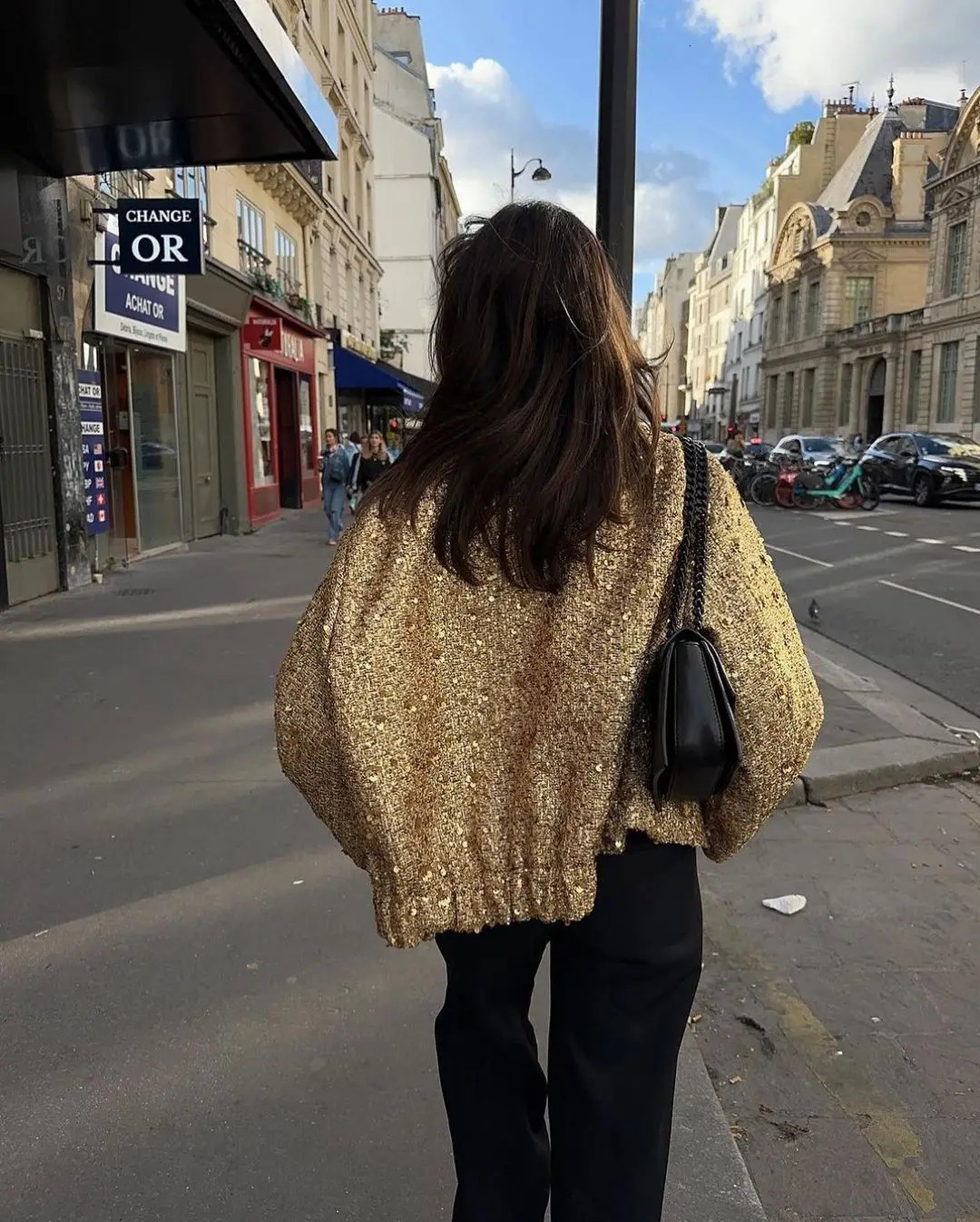 Metal Color Sequin Woven Jacket For Women Loose Stand Collar Long Sleeve Coat Gold Autumn Winter Chic Female Outwear 240110