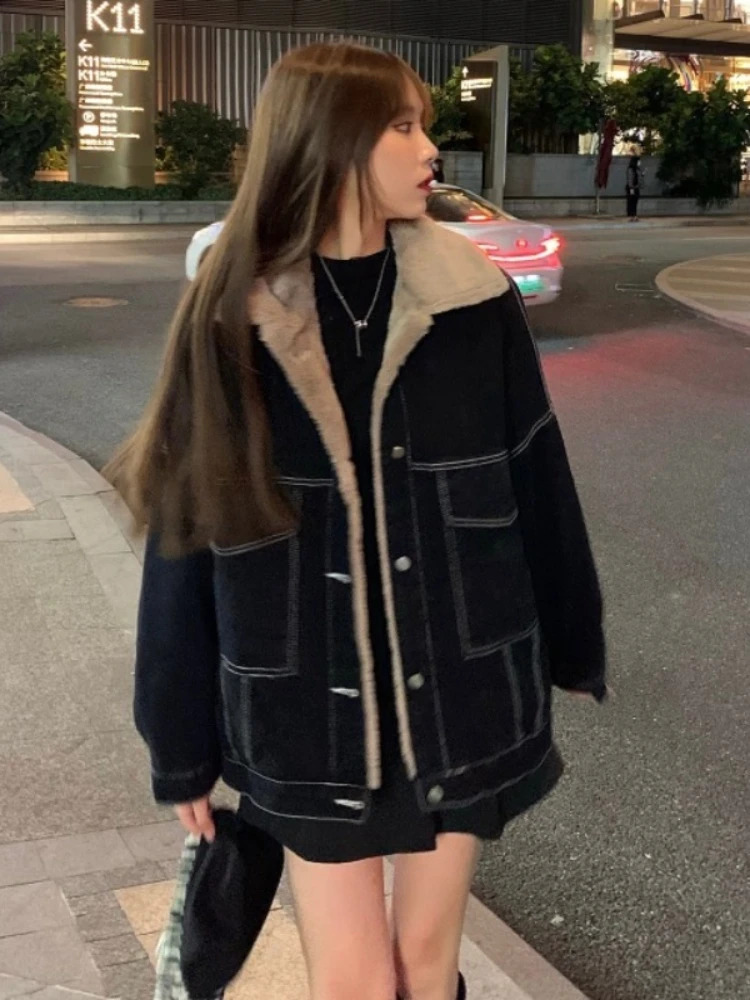 Korean Fashion Winter Women Coat Warm 2023 Lapel Denim Thick Jacket Casual Work Clothes Cotton Padded Jackets for Tops 240109