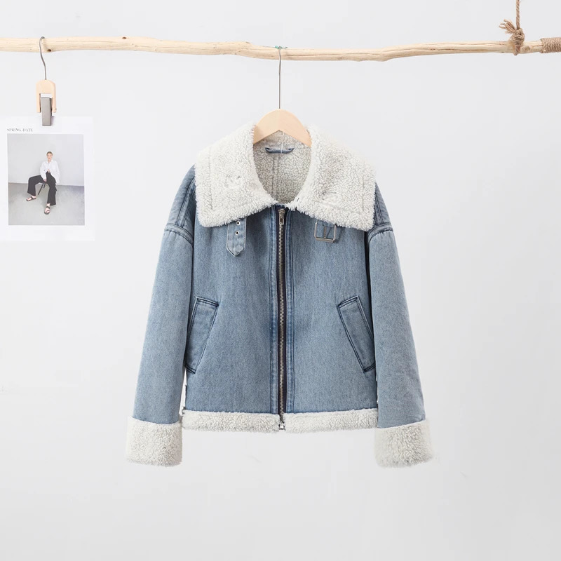 Lapel Lambs Wool Denim Women Cropped Jacket Casual Thicken Long Sleeve Zipper Coat Autumn 2023 Fashion Vintage Fleece Lady Top 240109