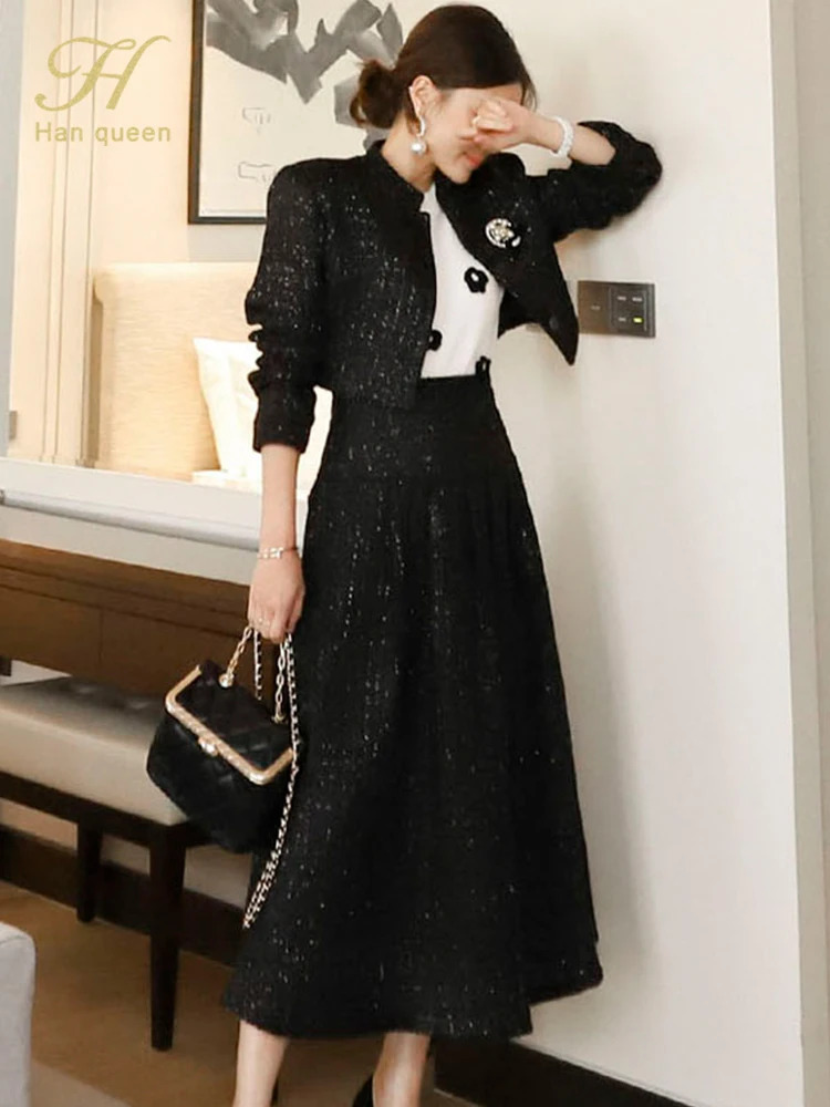 H Han Queen Winter Korean Careers Woman 2 Pieces Set Tweed Short Jacket Vintage A-Line Skirt Korean Simple Skirt Suit 240109