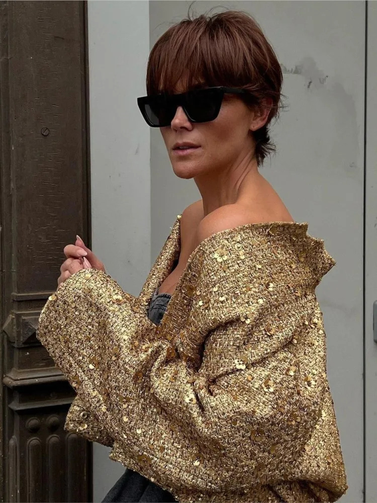 Women Fashion Sequins Shiny Short Jacket Elegant Long Sleeves Stand Collar Crop Coat Autumn Ladies High Street Partywear 240110
