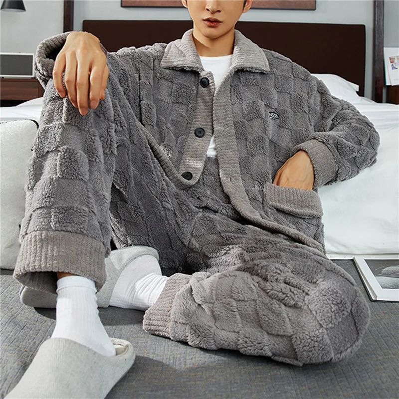2 Piece Set Flannel Sleepwear Loose Long Sleeve Solid Homewear Home Clothes Sets 2023 Men'S Warm Pajama Autumn Winter Thic 240109Z