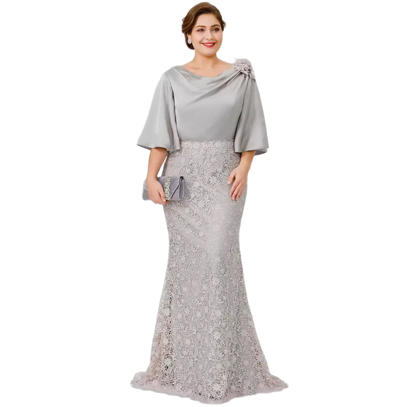 Long Satin Elegant Silk Memaid Mothe Of The Bide Desses Half Sleeves Sie Lace Floo Length Fomal Evening Gowns Chic Wedding Guest Dess Goom Mom Pom