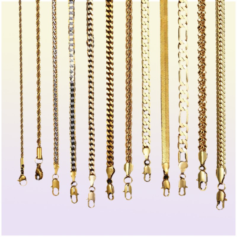 Gold Chain For Men Women Wheat Figaro Rope Cuban Link Chain Gold Filled Stainless Steel Necklaces Male Jewelry Gift Whole