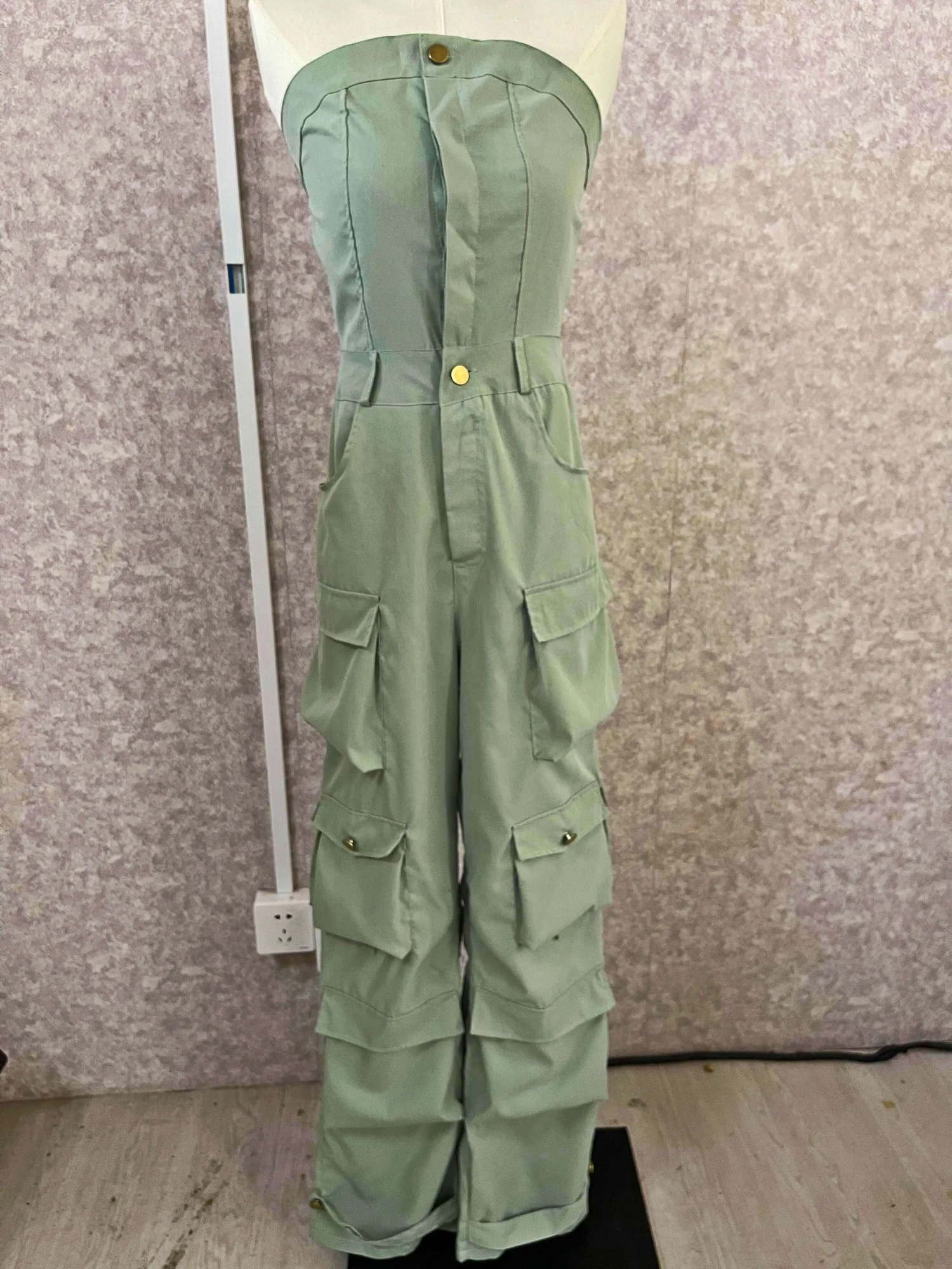 CMYAYA Fashion Women Strapless Button Front Ruched Cargo Jumpsuit Autumn Sexy Party Street Playsuit Suit Romper 240109