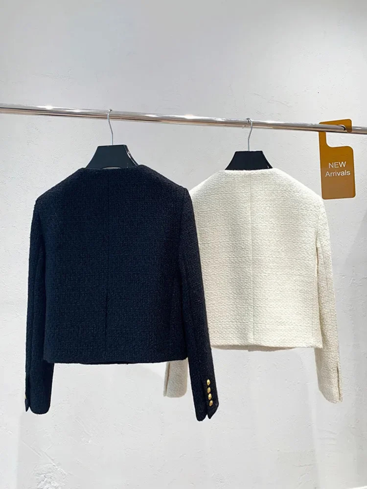 Autumn Winter Small Fragrant Tweed Jacket Coat Women Vintage Woolen Short Coats Streetwear Elegant Casual Slim Outwear Crop Top 240110
