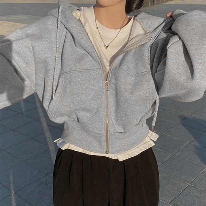 Korea Women Hoodies Autumn Retro Solid Color Zip Up Oversized Sweatshirts Harajuku Korean Version Long Sleeve Hooded Jacket Coat 240110