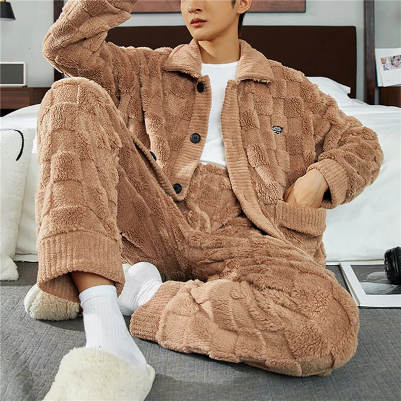 2 Piece Set Flannel Sleepwear Loose Long Sleeve Solid Homewear Home Clothes Sets 2023 Men'S Warm Pajama Autumn Winter Thic 240109Z