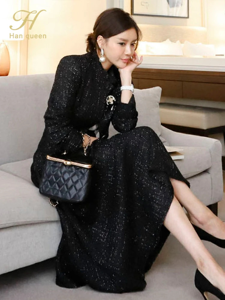 H Han Queen Winter Korean Careers Woman 2 Pieces Set Tweed Short Jacket Vintage A-Line Skirt Korean Simple Skirt Suit 240109