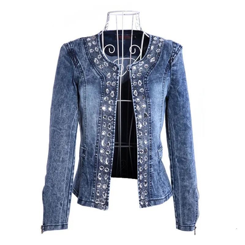 Spring Fashion Women Denim Jacket Slim Zipper Casual Short Sequins Outerwear Ladies Vintage Biker Crystal Chaqueta Mujer A237 240109