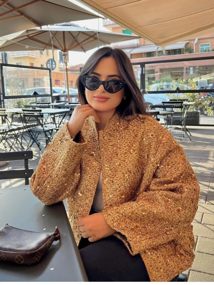 Metal Color Sequin Woven Jacket For Women Loose Stand Collar Long Sleeve Coat Gold Autumn Winter Chic Female Outwear 240110