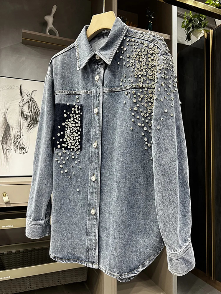 IEQJ Diamonds Patchwork Denim Jackets For Women Lapel Long Sleeve Spliced Single Breasted Vintage Coat 2023 Autumn 3WQ7478 240109