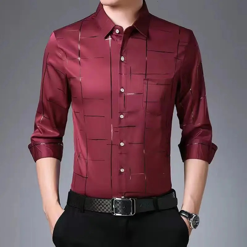 Smart Casual Men Thin Plaid Smooth Shirts Long Sleeve Lapel Spring Autumn Clothing Koreon Male Loose Business Fashion Tops 240109