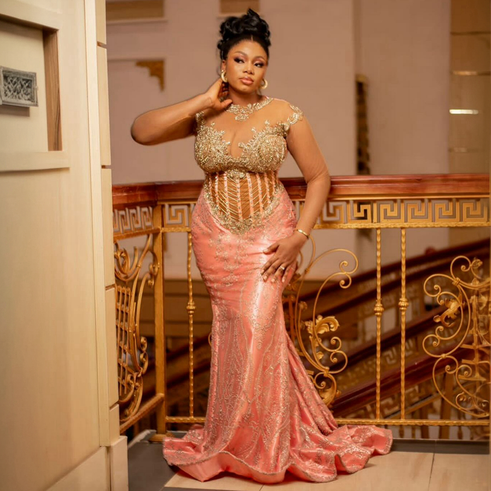 Waterlemon Plus Size Aso Ebi Prom Sheer Neck Long Sleeves Mermaid Beaded Lace Evening Dresses For African Nigeria Balck Women Second Reception Gowns S