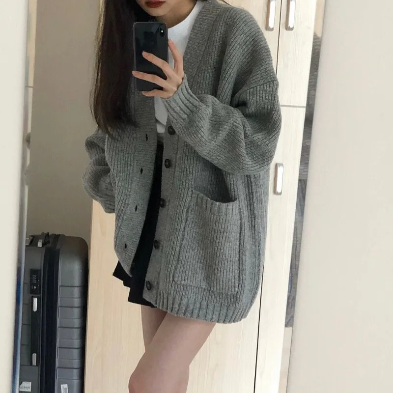 Autumn Winter Women Cardigan Sweater Coats Fashion Female Long Sleeve V-neck Loose Knitted Jackets Casual Sweater Cardigans 240110