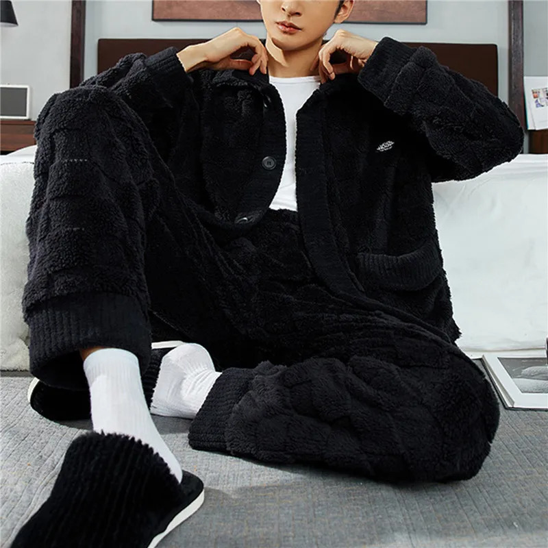 2 Piece Set Flannel Sleepwear Loose Long Sleeve Solid Homewear Home Clothes Sets 2023 Men'S Warm Pajama Autumn Winter Thic 240109Z