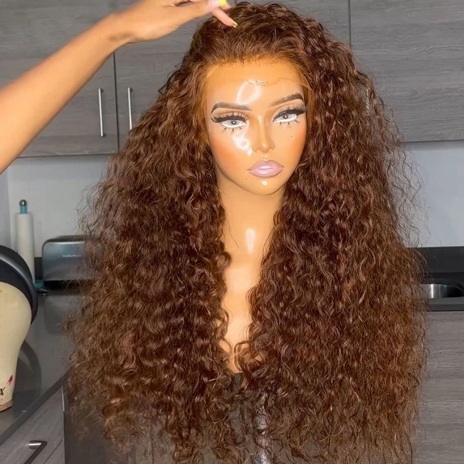 Free shipping 180density Mogolian Chocolate Brown Kinky Curly for Women Front Human Hair Glueless Deep Wave 360 HD Lace Frontal Wigs Synthetic Closure