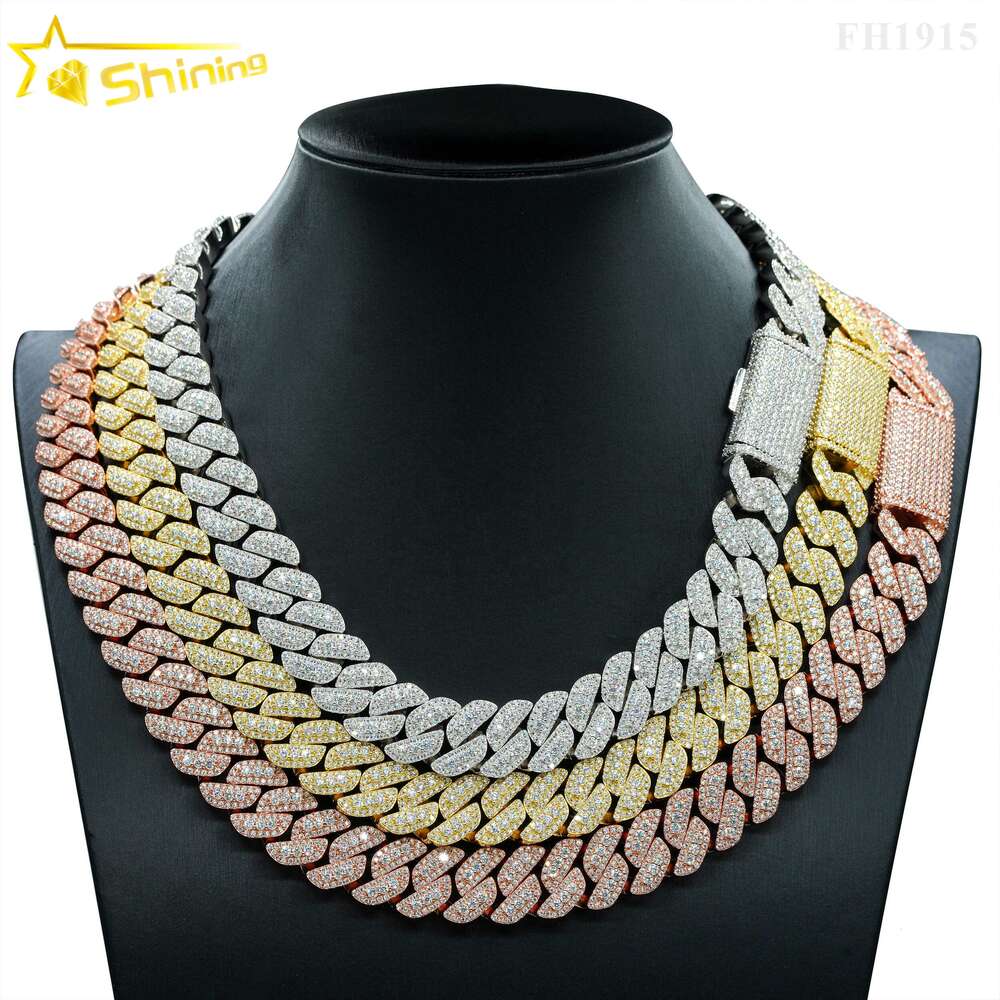 Fine Jewelry Hip Hop Gold Plated 925 Silver 12mm 15mm 18mm Vvs Moissanite Diamond Cuban Link Chain Iced Out