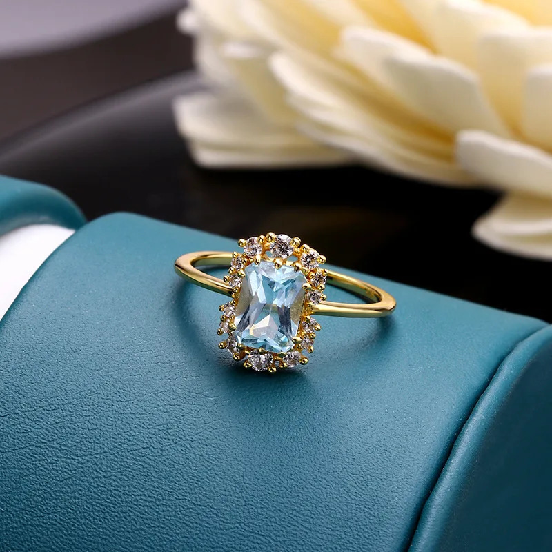 LAMOON Vintage Natural Topaz Rings Gemstone Ring Blue Topaz 925 Sterling Silver K Gold Plated Wedding Engagement For Women RI190 240109