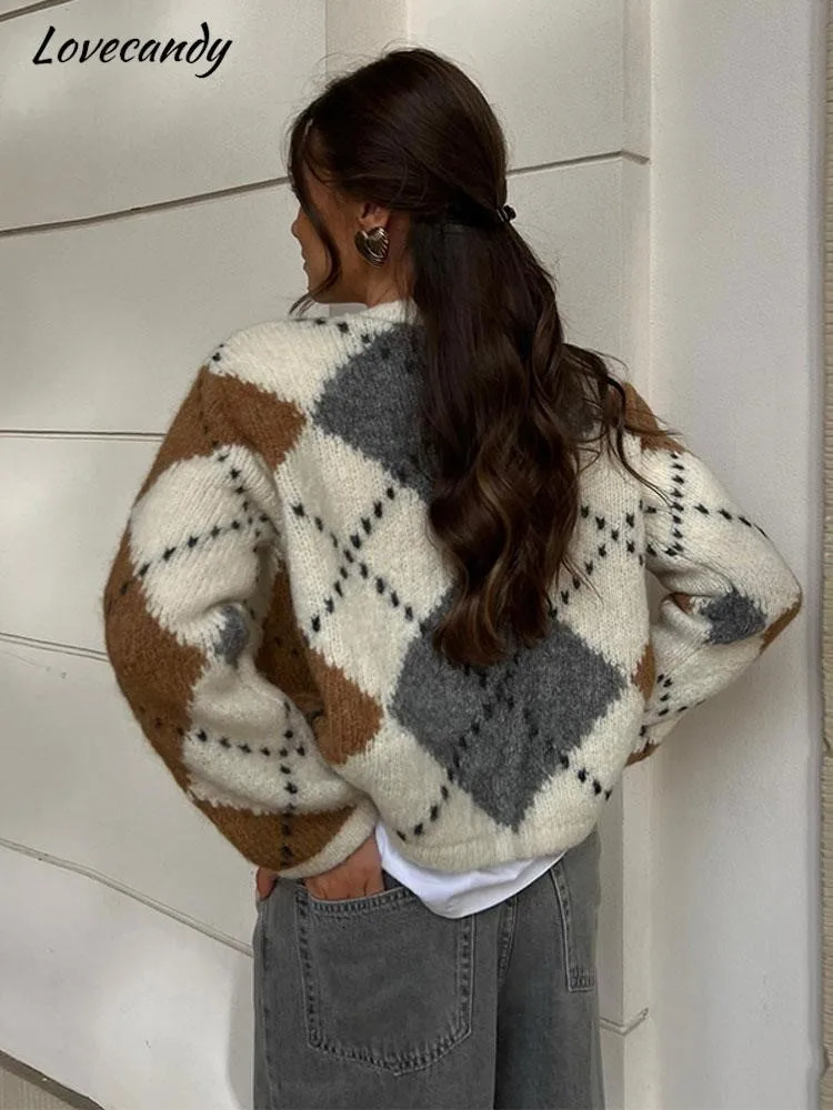 Autumn Plaid Printed Knitted Cardigan Women Casual V-neck Single Breasted Sweater Cardigan Fashion Lady Streetwear Coats 240110