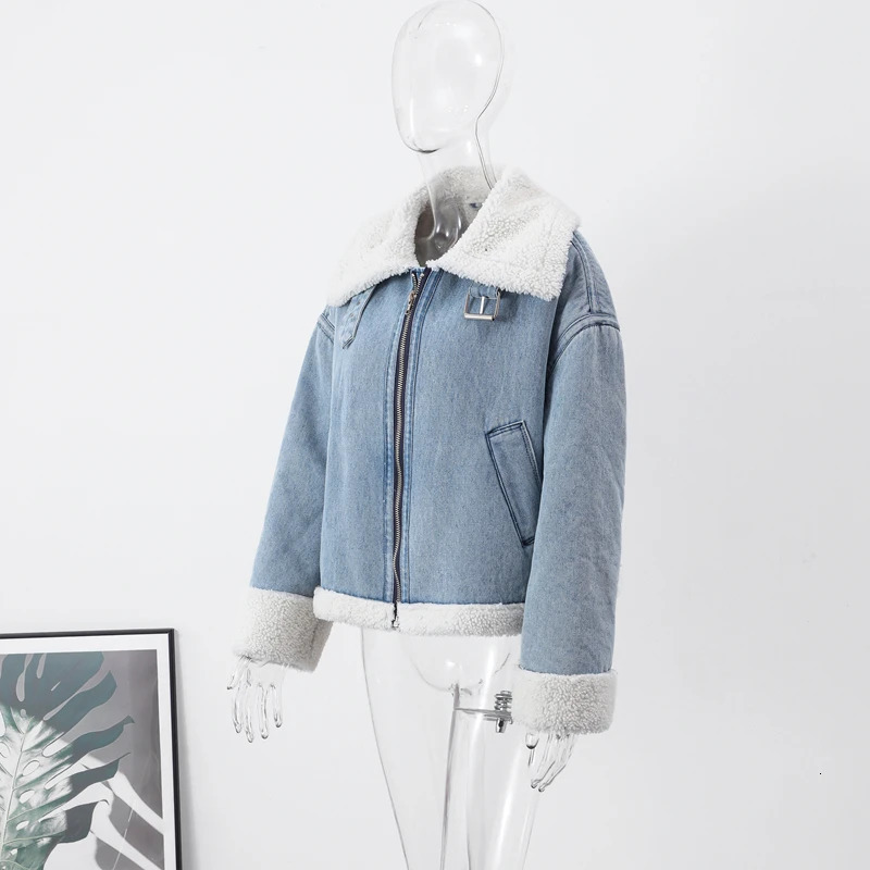 Lapel Lambs Wool Denim Women Cropped Jacket Casual Thicken Long Sleeve Zipper Coat Autumn 2023 Fashion Vintage Fleece Lady Top 240109