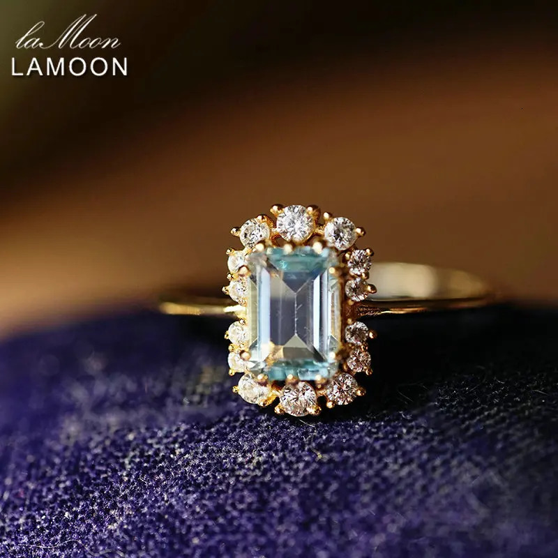 LAMOON Vintage Natural Topaz Rings Gemstone Ring Blue Topaz 925 Sterling Silver K Gold Plated Wedding Engagement For Women RI190 240109