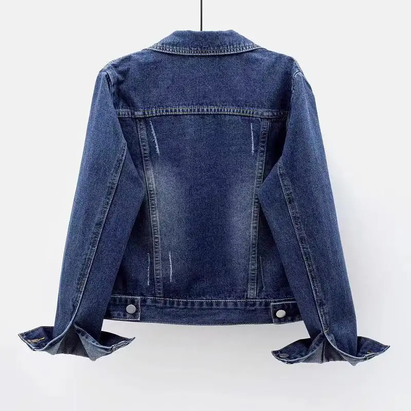 Spring Summer Full Sleeves Solid Women Collared Distressed Coat Ladies Washed Cropped Denim Jacket Girl Ripped Jean Cardigan Top 240109