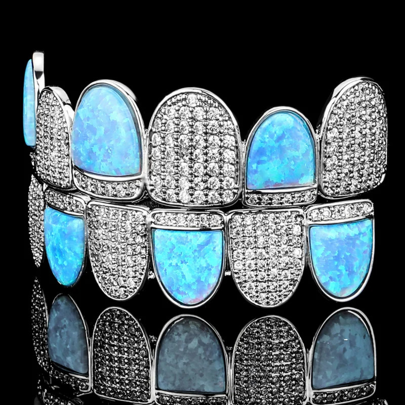 Sky Blue Opal Crystal Teeth For Men Women's Body Jewelry Set Zircon Accessories Hip Hop Dental Grills Piercing Halloween 240109