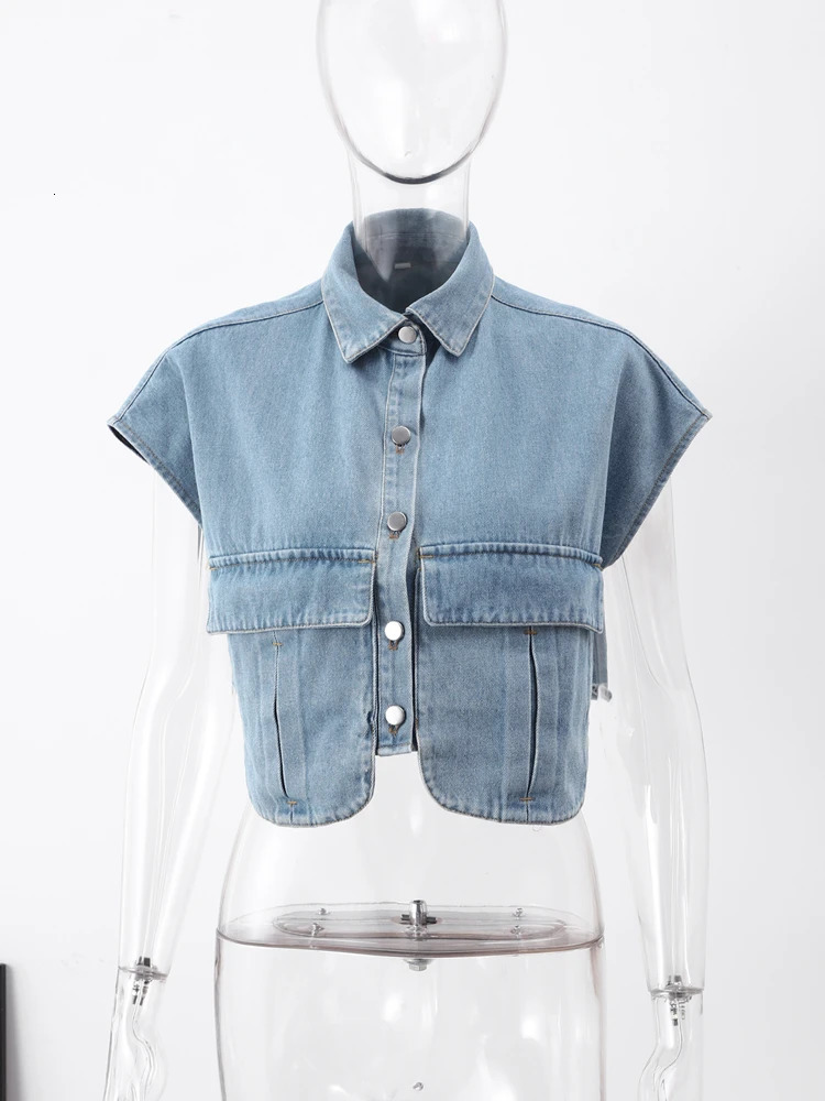 Casual Double Pocket Denim Vest Loose Turn Down Collar Singlebreasted Short Vests Female 2023 Autumn Y2K Sleeveless Streetwear 240109
