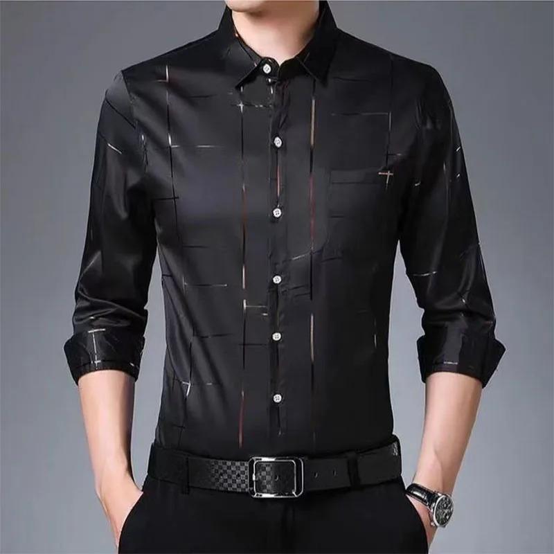 Smart Casual Men Thin Plaid Smooth Shirts Long Sleeve Lapel Spring Autumn Clothing Koreon Male Loose Business Fashion Tops 240109