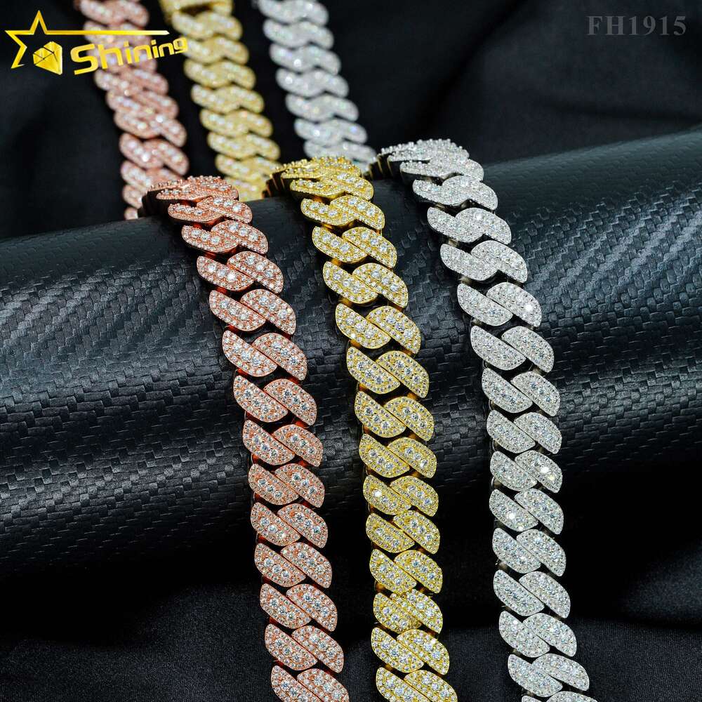 Fine Jewelry Hip Hop Gold Plated 925 Silver 12mm 15mm 18mm Vvs Moissanite Diamond Cuban Link Chain Iced Out