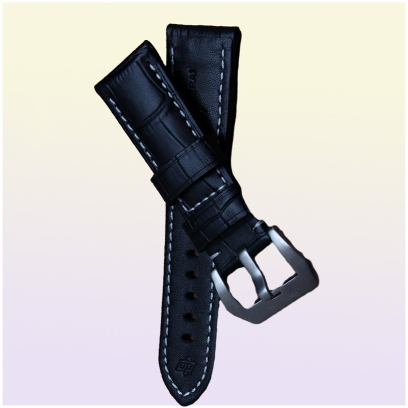 Watch Bands Watchband Crocodile Grain Thick 24mm Black Cowhide Leather Strap For PAM Pam441 Pam111 Bracelet Belt Classic
