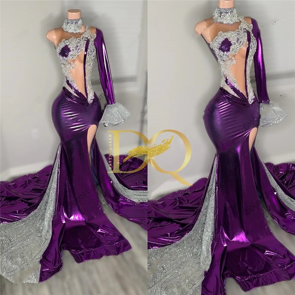 Purple Neck Long Prom Dress For Black Girls 2024 Beaded Crystal Birthday Party Dresses Ruffles Evening Gowns High Slit