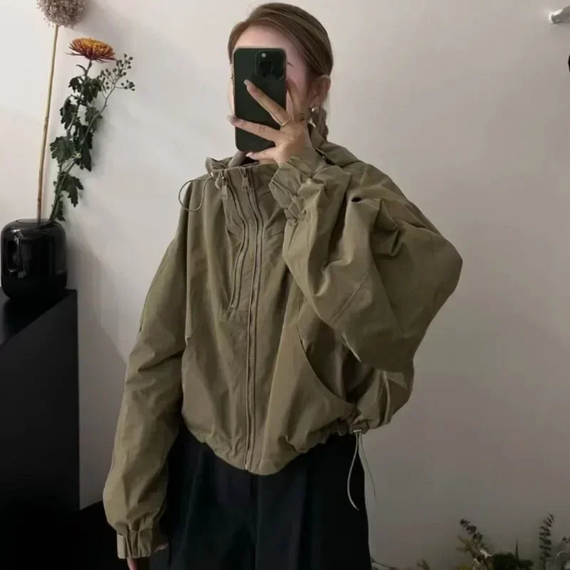 Deeptown Korean Style Windbreaker Crop Jacket Women Kpop Hooded Zipup Vintage Streetwear Short Jackets Chic Autumn Outwear 240110
