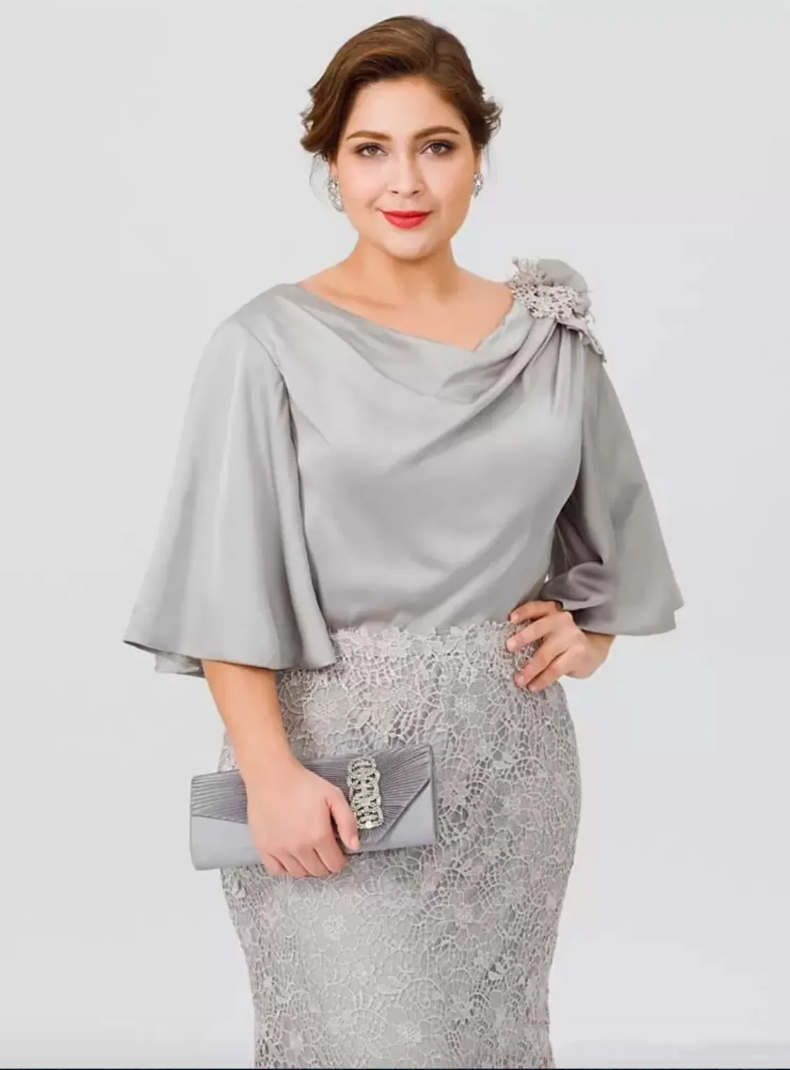 Long Satin Elegant Silk Memaid Mothe Of The Bide Desses Half Sleeves Sie Lace Floo Length Fomal Evening Gowns Chic Wedding Guest Dess Goom Mom Pom